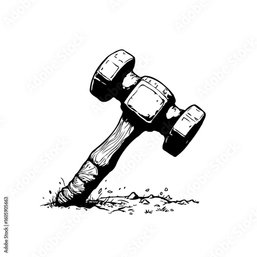 Illustrative drawing of a double-headed hammer tool hitting the ground with great force and impression impact