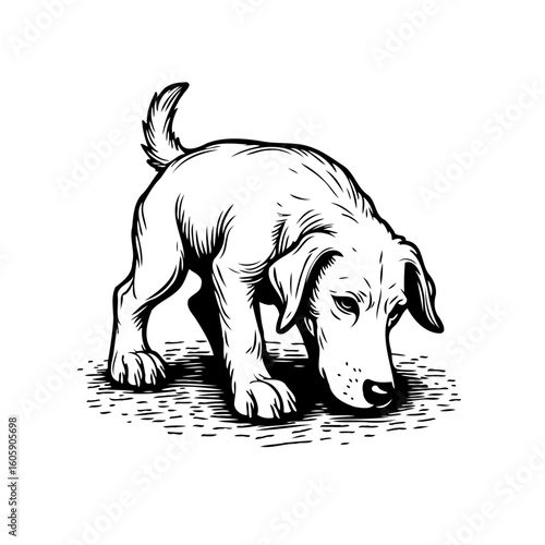 A monochrome drawing illustrates a curious dog attentively sniffing the ground with focused concentration and intent sniffing