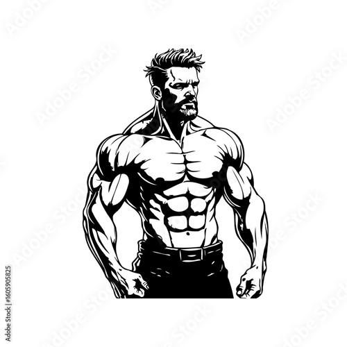 Strong muscular man training workout and showing abdominal muscles in black and white background design
