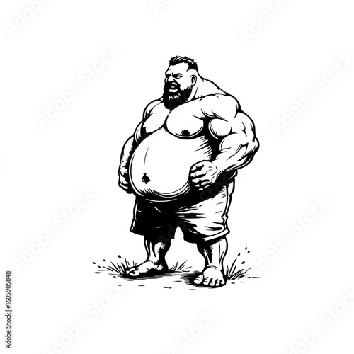 Stylized strongman character illustration featuring a muscular physique and dominant presence in black and white