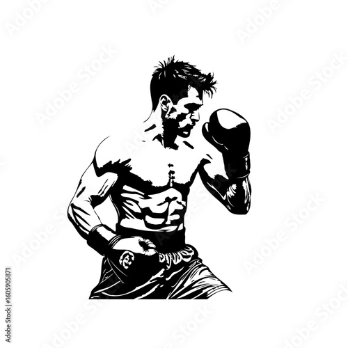 A muscular boxer striking a fighting pose with determination showcases discipline and strength in a vector silhouette
