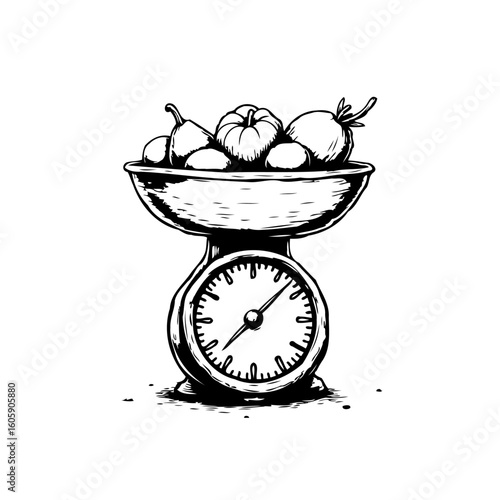 Vintage sketch of food scales with seasonal vegetables evokes a sense of balance and nutrition