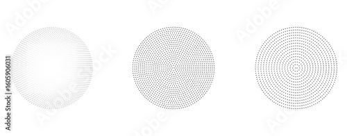 Black halftone circle set. Sonar or sound wave ring collection. Halftone and linear epicentre, target, radar icon concept. Ripple concentric signal vibration elements.
