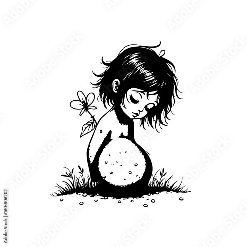 A whimsical illustration of a child hugging a magical sphere surrounded by nature and innocence depicted in black and white