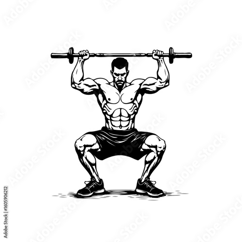 Powerful man lifting barbell in squat position showcasing strength and fitness illustration, a monochrome fitness vector