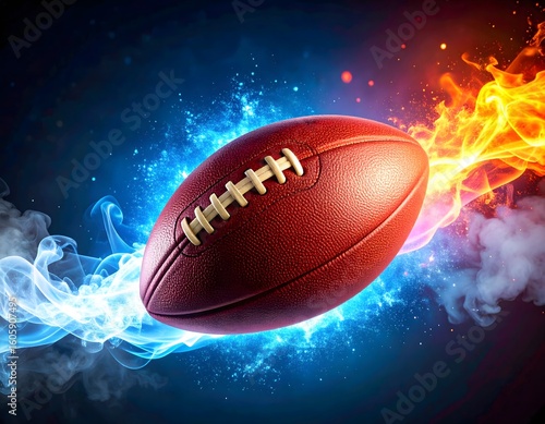 An American football is surrounded by blue and orange flames, creating a dynamic and energetic visual effect.