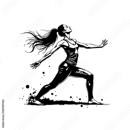 Dynamic black and white vector illustration depicts a woman striking a yoga pose with grace and poise