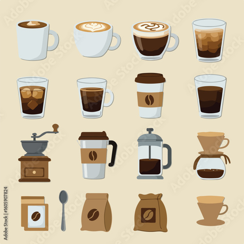 Various coffee drinks and brewing equipment arranged on light background