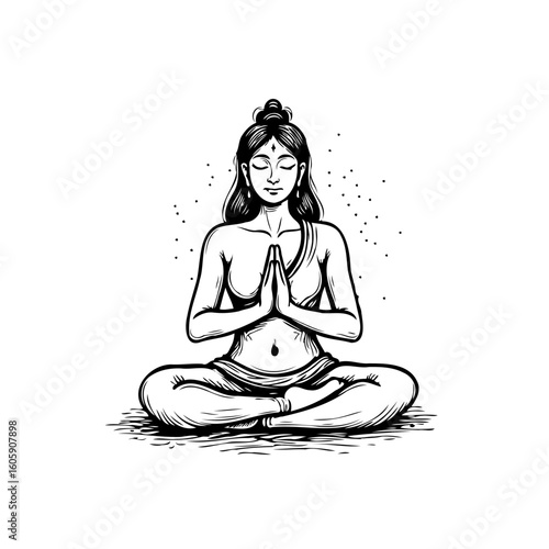 Serene yogini in lotus position vector art illustration featuring meditative mindfulness and spiritual practice with a goddess