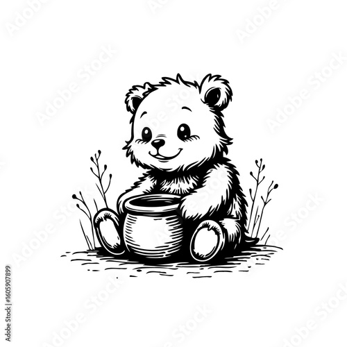 Cute bear cub illustration holding a pot of honey on a white background cartoon style drawing black and white