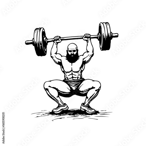 Illustrative muscular weightlifter with beard lifting heavy barbell with weights in a squat position for fitness