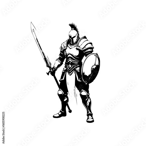 Illustrative portrayal of a formidable knight adorned in gleaming armor wielding a sword and shield on the battlefield