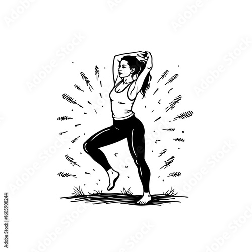 Line art depiction of a female yoga workout pose enhances fitness well being and flexibility