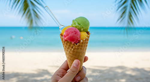 A sweet summer treat of colorful ice cream scoops in a cone, enjoyed on a relaxing tropical holiday.