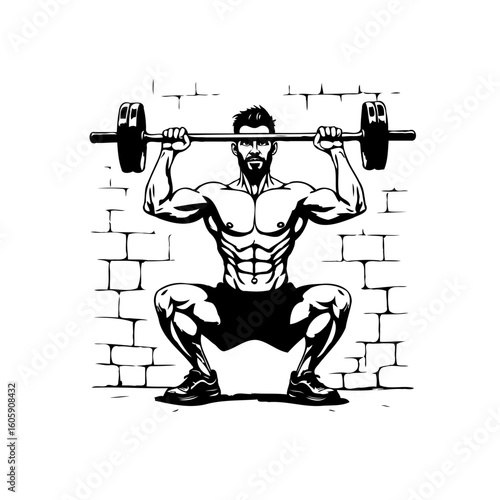Illustration of a muscular man lifting a heavy barbell in a squat position for powerlifting concept and fitness design