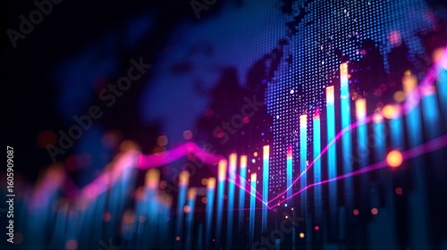Financial market graph with rising trend and world map background