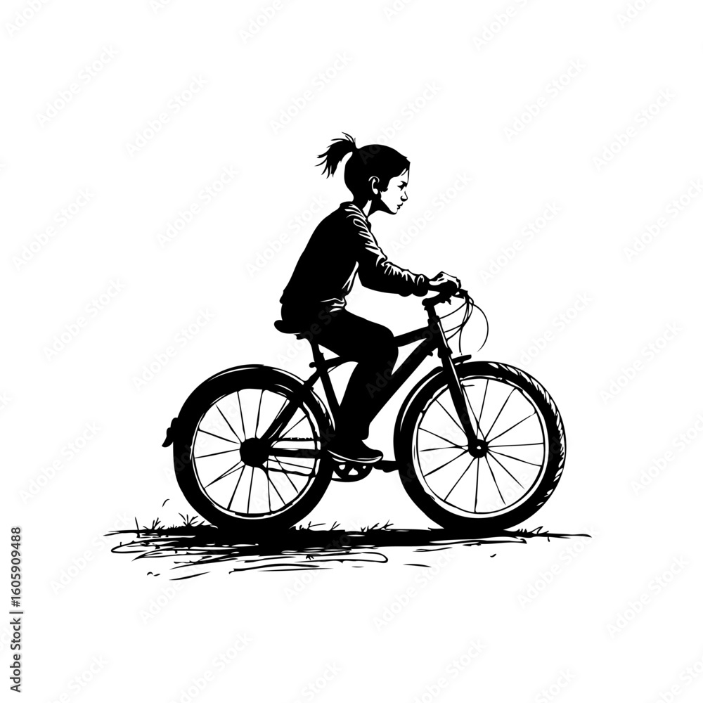 Obraz premium Childhood adventure captured: A young girl's silhouette riding her bicycle with freedom and joy outdoors sketch style