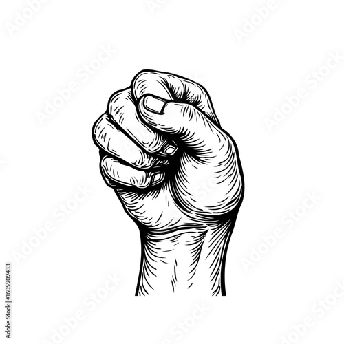 Engraved drawing of a clenched fist symbolizing power solidarity and determination with hand etched details black ink on white background