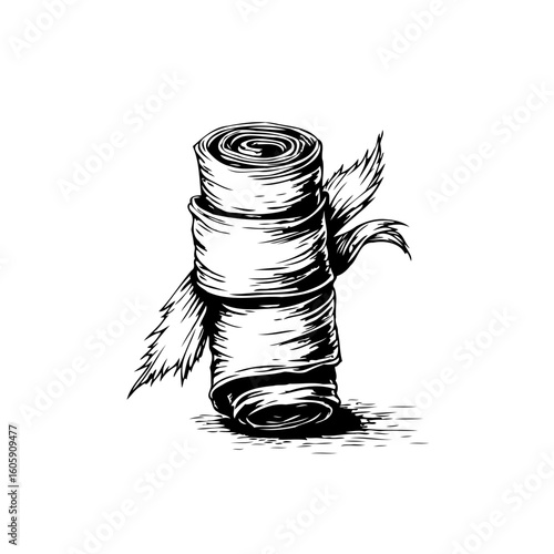 Illustration of a rolled food product with a leaf, in black and white style