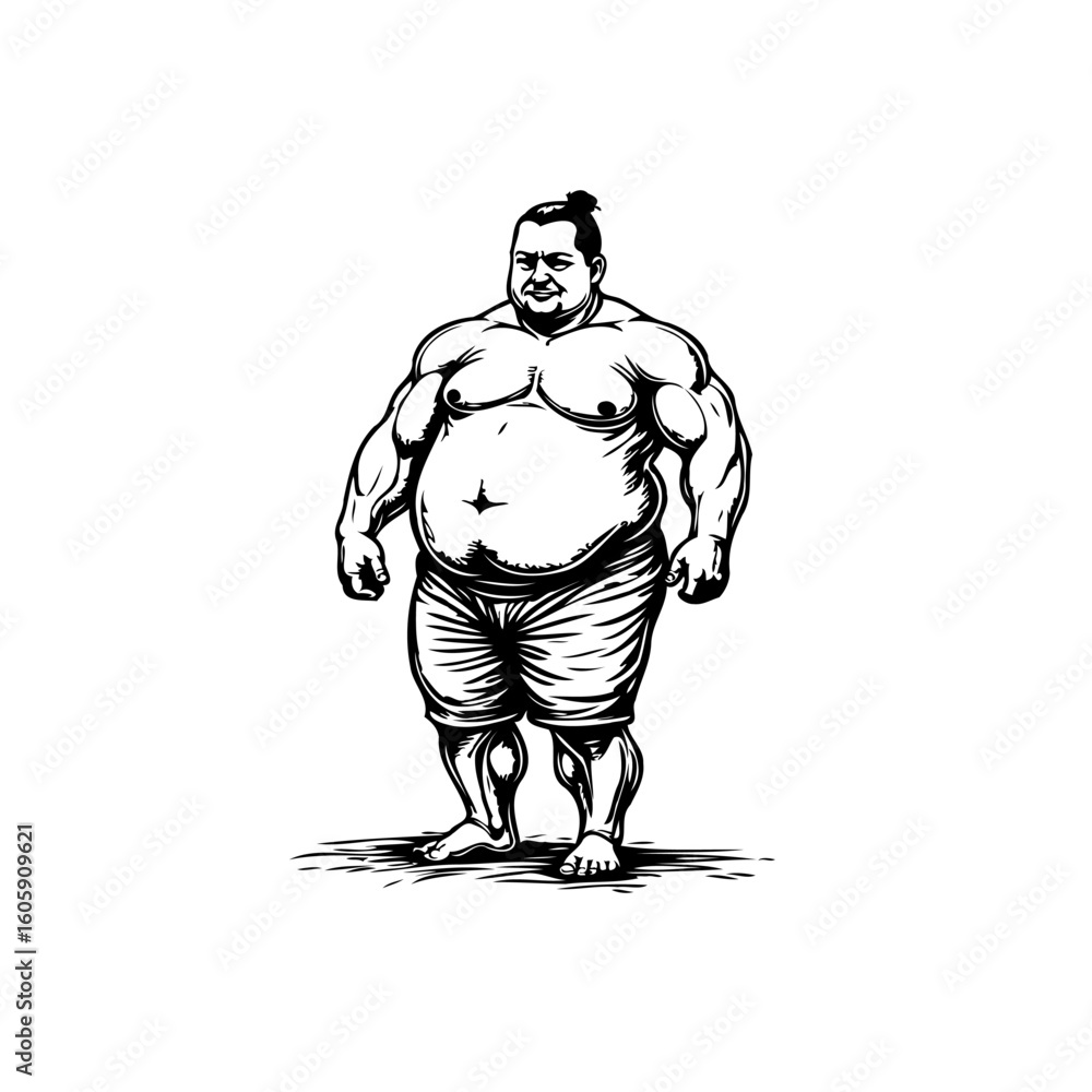Fototapeta premium Strong muscular sumo wrestler with traditional hairstyle standing boldly with confidence vector illustration design for graphic design