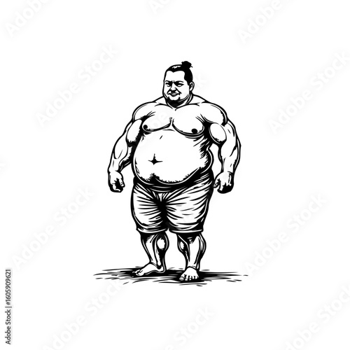 Strong muscular sumo wrestler with traditional hairstyle standing boldly with confidence vector illustration design for graphic design