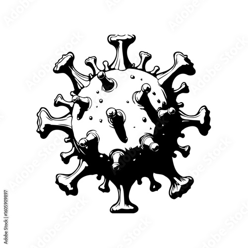 Monochrome depiction of a coronavirus pathogen displaying its distinct spike proteins across isolated white background