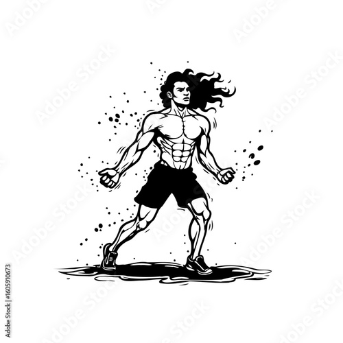 Monochrome artwork featuring a strong muscular man with flowing hair in a dynamic pose illustration