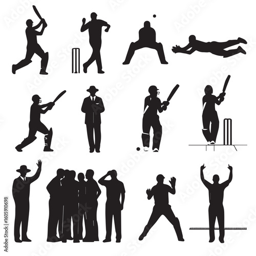 Silhouette illustrations of cricket players in various positions