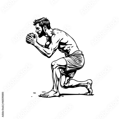 Illustration of a man in a kneeling posture concentrating his mind and praying with devotion and hopefulness