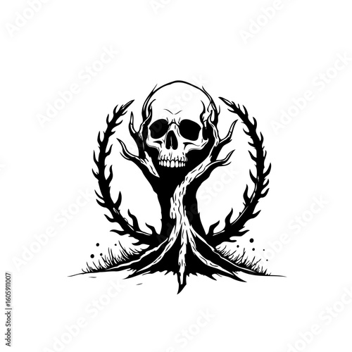 Monochrome macabre imagery depicts a skull atop a stark barren tree evoking themes of mortality and death