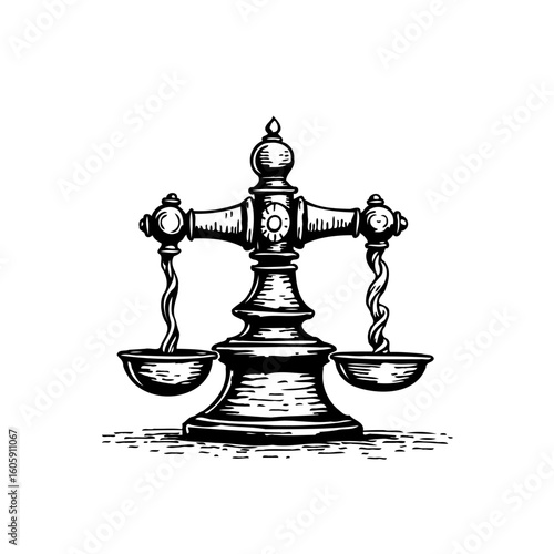 Vintage scales of justice illustration symbolizing balance equity fairness and legal principles concept depicting vintage engraved scales