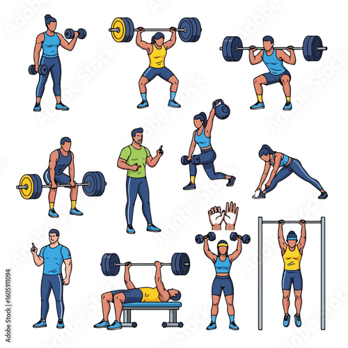 Illustrations showing various fitness exercises and weightlifting poses