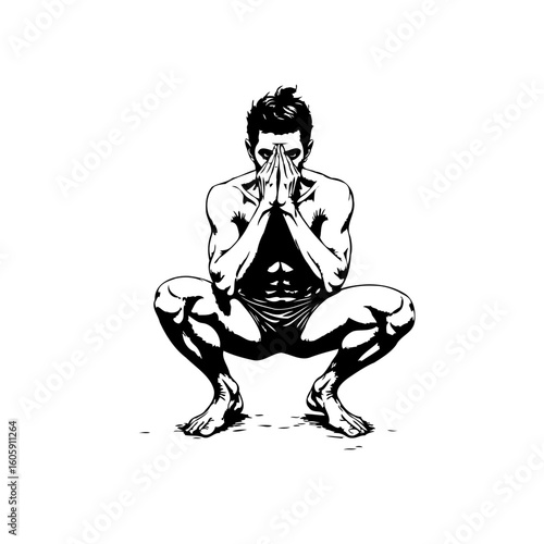 A monochrome depiction of a muscular man in a squatting position with his hands covering his face
