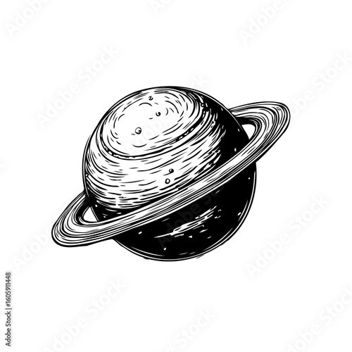 Detailed black and white drawing a stylized saturn showcasing cosmic wonder and celestial exploration