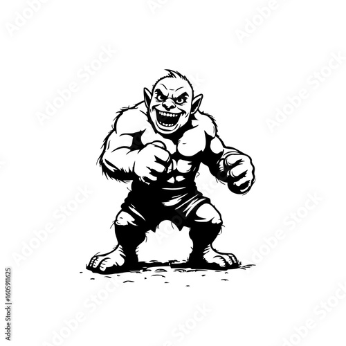 Aggressive troll warrior with muscular physique in fighting pose monochrome vector illustration design art