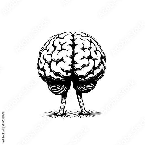 Conceptual representation of a human brain walking and thinking deeply about cognitive functions and neuroscience