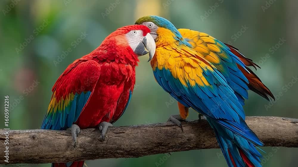 Two parrots sit on a branch. Wildlife scene from tropical forest Two parrots sit on a branch. Wildlife scene from tropical forest