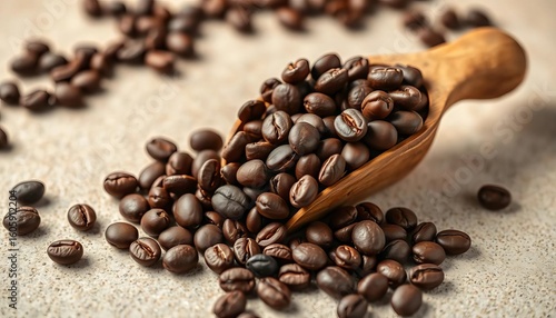 Tiny scoop overflowing with dark roasted coffee beans on a bright, textured surface,  morning,  caffeine