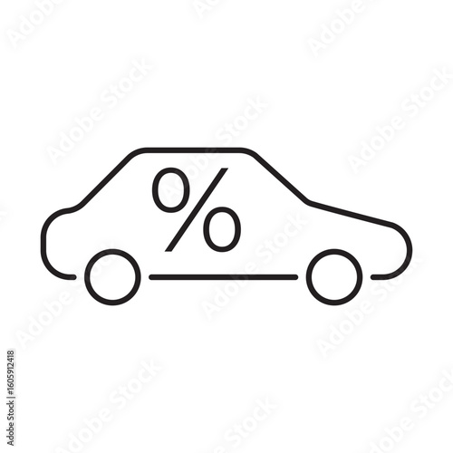 Minimalist line icon of a car with a percentage symbol, representing an auto loan, vehicle financing, or car interest rate. Ideal for banking, dealership apps, fintech tools, or loan services.