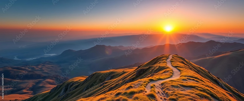 Naklejka premium Sunrise over mountain range, path winding upward, destination, sunrise