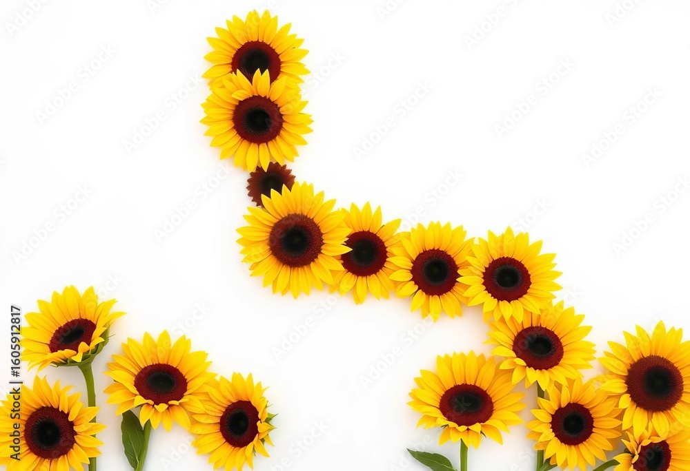 Fototapeta premium Sunflowers arranged in the shape of a capital L against a pure white background, shape, art