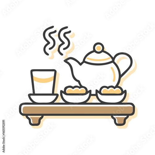 A tea set, with teapot, glass of tea and snacks ready to be served