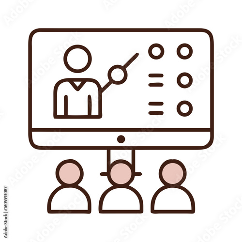 Online education illustration with trainer and learners watching on screen