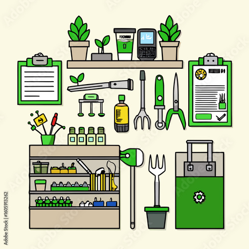 A collection of gardening tools and supplies displayed on a shelf in a garden center or a potting shed. The illustration features various items essential for gardening.