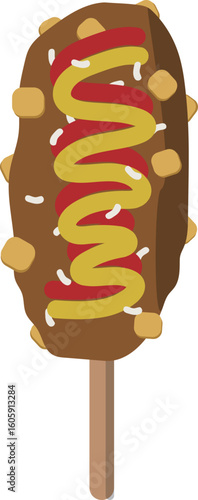 Korean Potato Hot Dog (K-Dog),  A popular Korean street food snack featuring a corn dog or cheese covered in a crispy layer of diced potatoes, deep-fried to golden perfection.