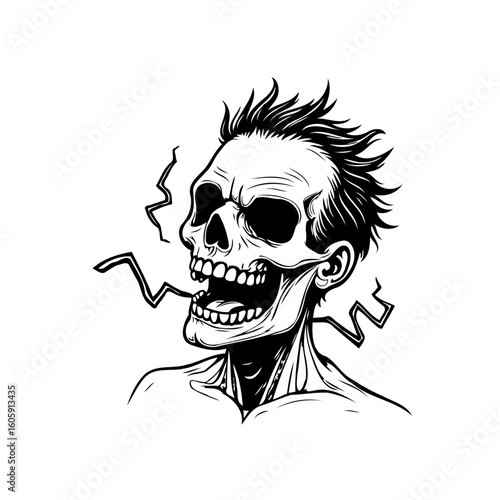 Creepy skeletal figure with a haunting grimace and spiky hair creates a chilling illustration, showcasing death