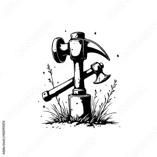Vintage woodworking tools illustration featuring a hammer and an axe surrounded by grass creating a handcraft aesthetic