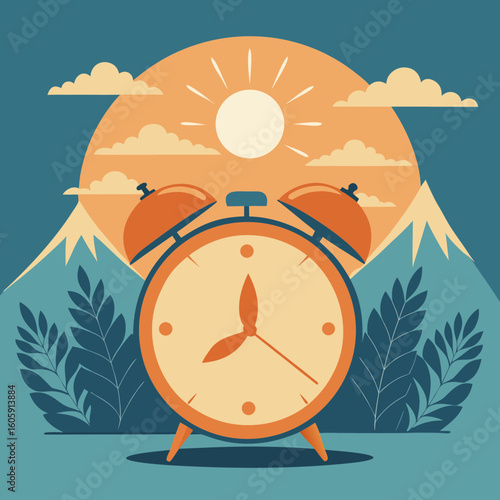 Sunrise alarm clock illustration with nature backdrop symbolizing time and morning