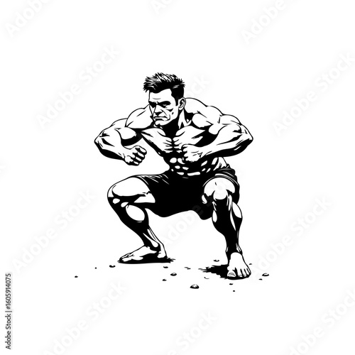 Intense muscular man crouching in a powerful stance rendered in high contrast black and white ink