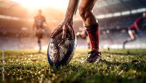Close-up of a rugby player's hand placing a muddy rugby ball on the grass field during a match, with other players visible in the background.